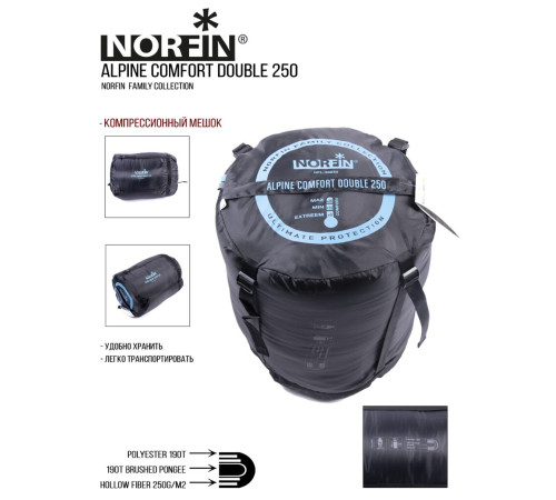 Спальник-одеяло двухместный Norfin ALPINE COMFORT DOUBLE 250 NFL-30240 Спальник-одеяло двухместный Norfin ALPINE COMFORT DOUBLE 250 NFL-30240